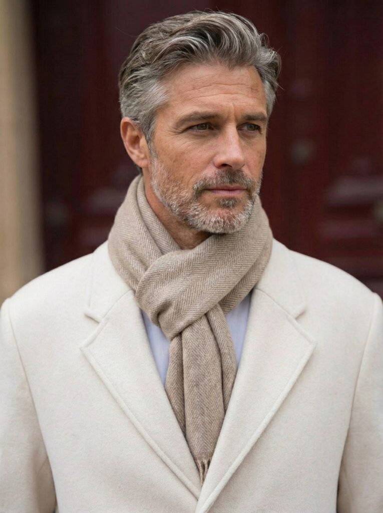 Close-up front portrait of a mature male model looking to the side, wearing the Chevron Imperial 100% pure Pashmina muffler in Terre Souveraine styled in a Parisian wrap knot inside a cream winter overcoat.