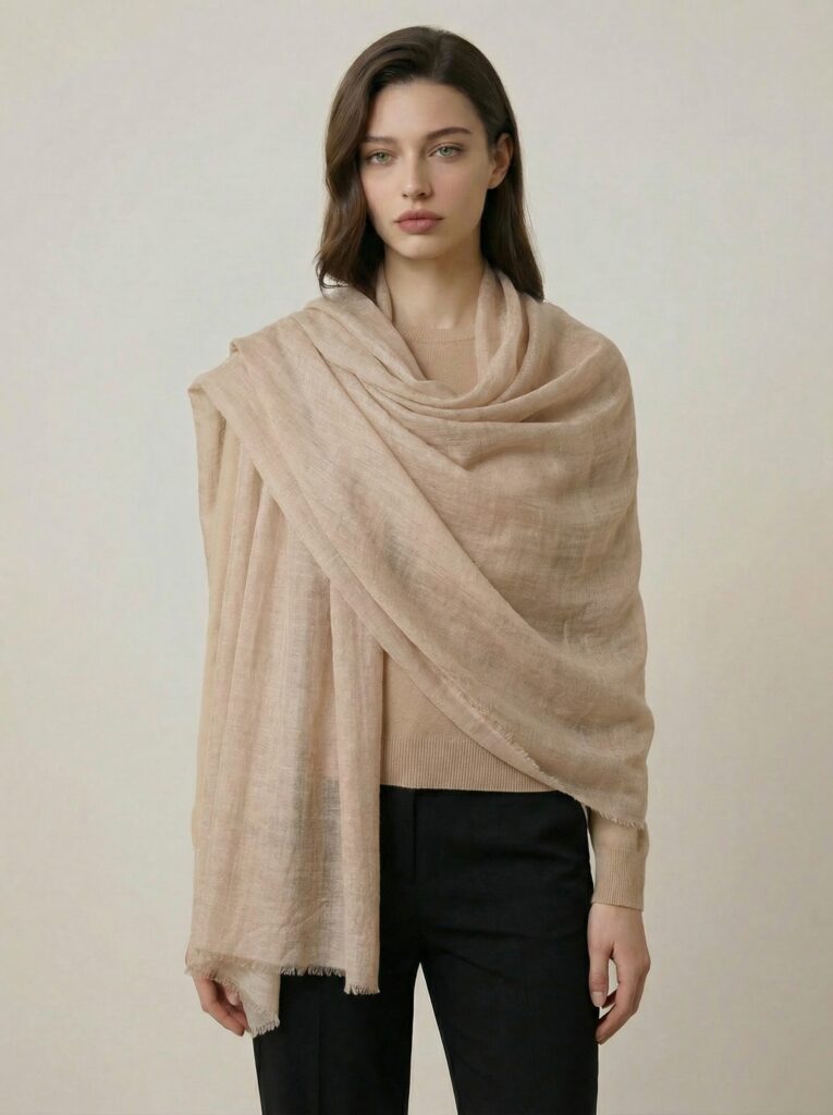 Woman wearing a draped beige pure pashmina Changthangi cashmere stole