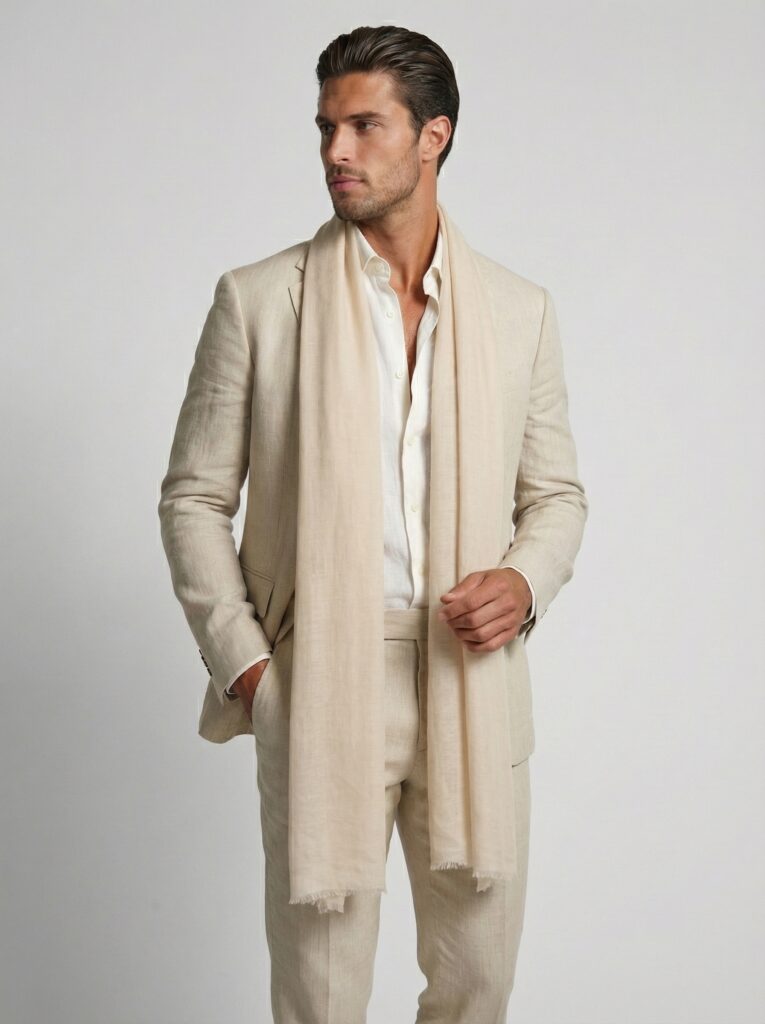 Handsome man wearing a beige suit and a pure pashmina cashmere Dune Whisper stole